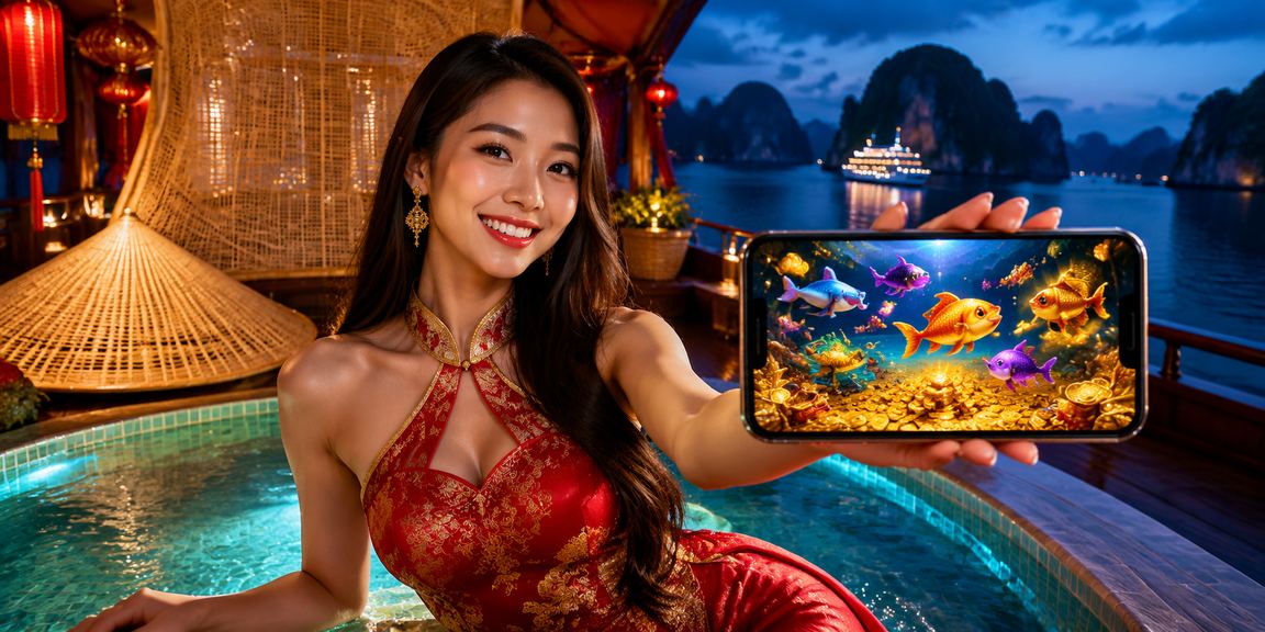 Người dùng truy cập ứng dụng casino tại vịnh Hạ Long với nón lá truyền thống