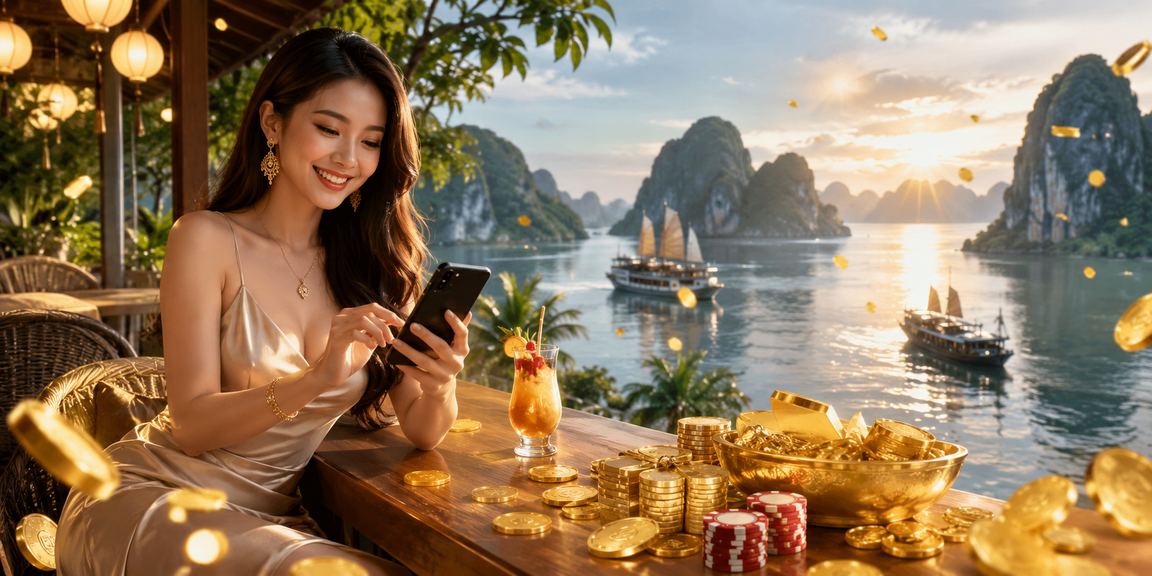 Người dùng trải nghiệm casino mobile bên ly cà phê với tầm nhìn vịnh Hạ Long